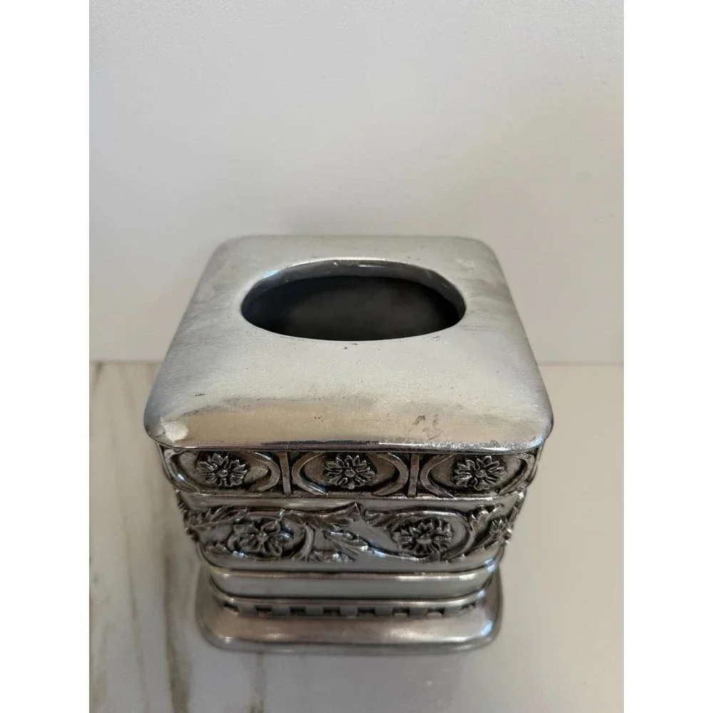 Metallic Finish Embellished Resin Tissue Box Cover Hollywood Regency Repousse